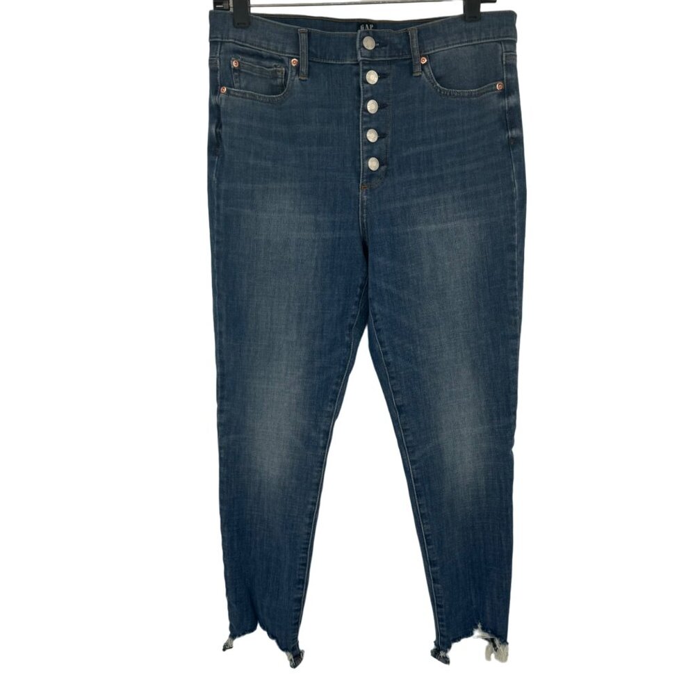 Gap womens High-Rise Button-Fly Ankle true Skinny Jeans Distressed Hem size 30